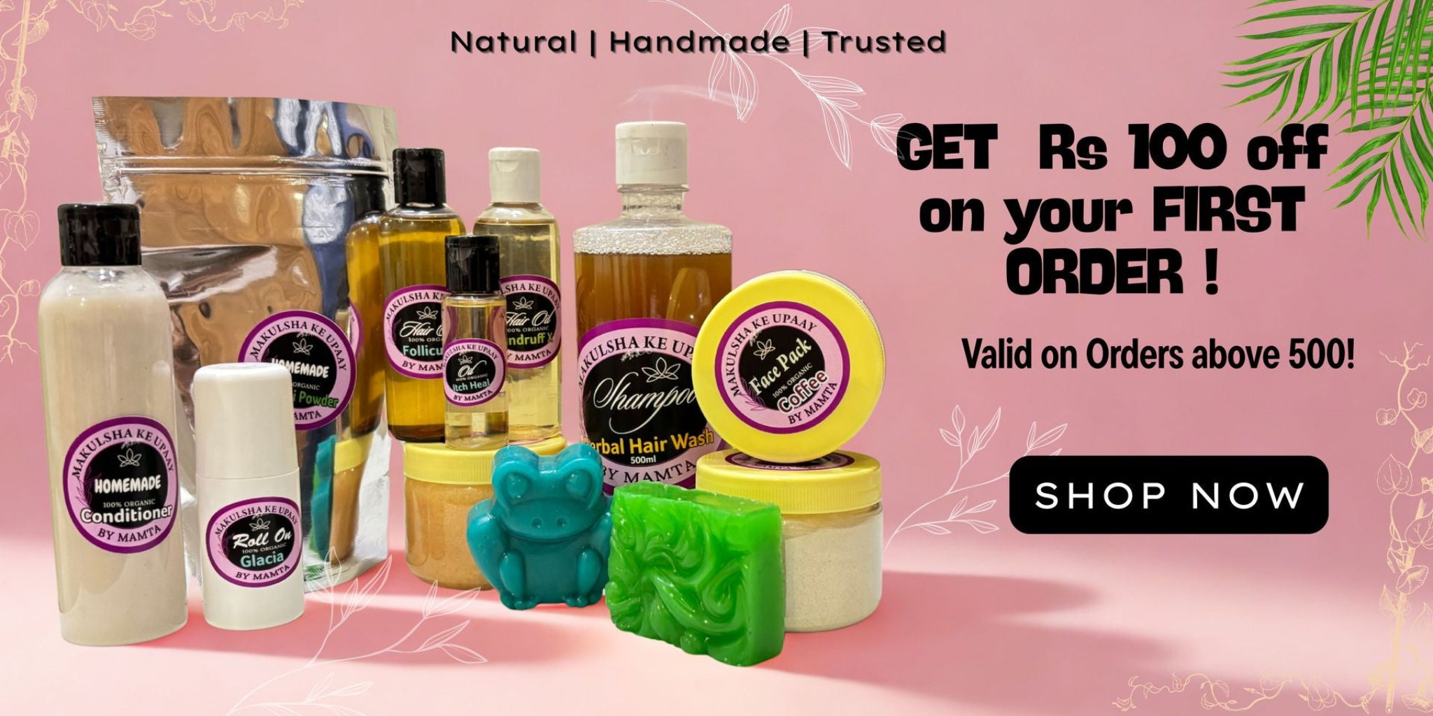 Collection of natural skincare products with promotional text on a pink background
